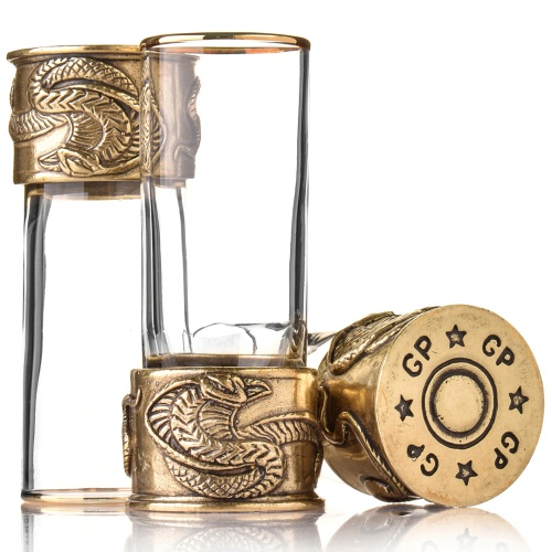 Набор 4 бокала для коньяка и 6 стопок патрон "Змея", в шкатулке из массива