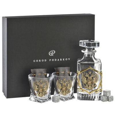 Набор "Великая Россия": 2 бок.для виски  и штоф с накладкой "Герб РФ"в подарочной упаковке