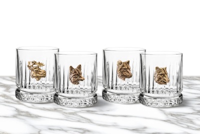 Набор 4 бокала для виски "Элизия",накл"Лиса,Волк,Лось,Медведь",черн.под.уп.