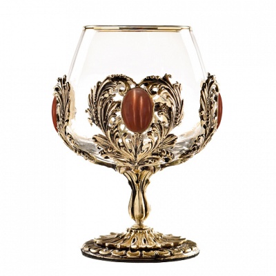 Набор 2 бокала для коньяка с камнем "Кошачий глаз" и "Сердолик", в шкатулке из массива