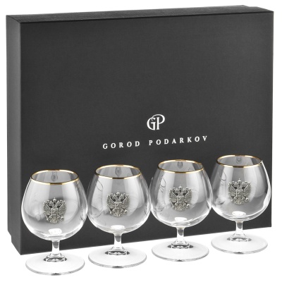 Набор 4 бокала для коньяка "Шаранте" накл "Герб"олово ,черная упаковка ключница