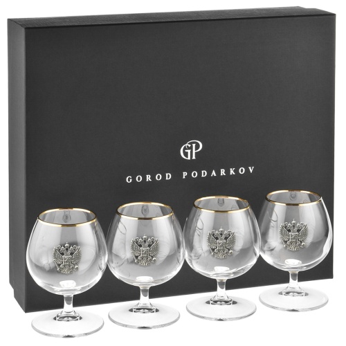 Набор 4 бокала для коньяка "Шаранте" накл "Герб"олово ,черная упаковка ключница