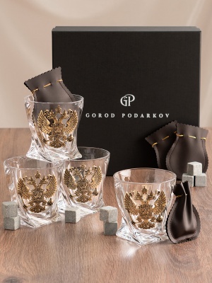 Набор 4 бокала для виски "Квадро", накл. "Большой герб России",камни,мешки,черн.коробка