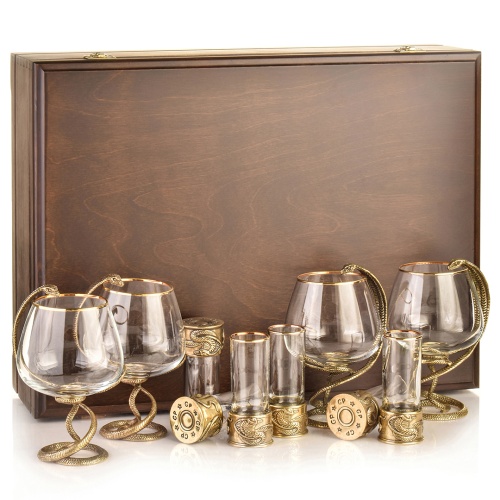 Набор 4 бокала для коньяка и 6 стопок патрон "Змея", в шкатулке из массива