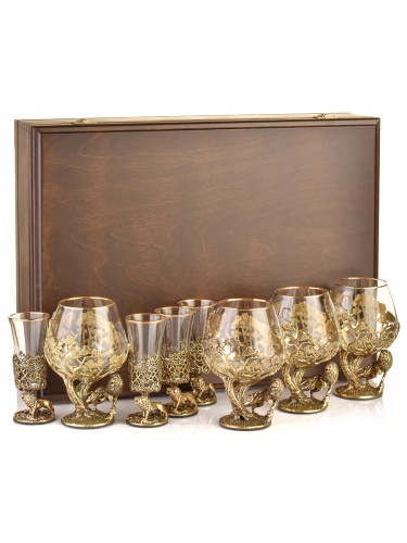 Набор 4 бокала для коньяка и 4 лафитника "Лев ROYAL", в шкатулке из массива