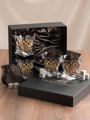 Набор 4 бокала для виски "Квадро", накл. "Большой герб России",камни,мешки,черн.коробка