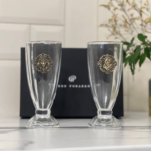 Набор для коктейлей и смузи: 2 бокала с накладками Лев фас, Львица фас в черной коробке