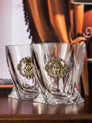 Набор бокалов для виски Квадро ( 2 шт.) с накладкой "Лев и Львица Царские"  в подарочной коробке