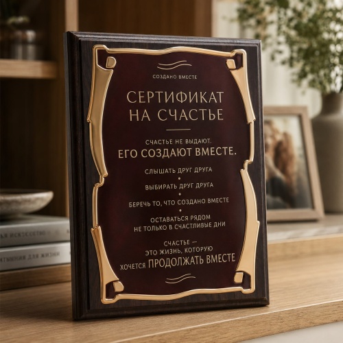 Плакетка подарочная Сертификат на счастье. Создано вместе в черной коробке