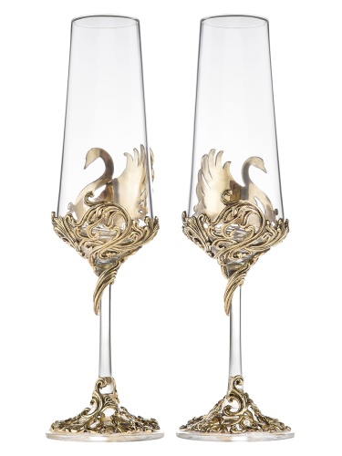 Набор 2 бокала для шампанского "Лебеди", в черной подарочной упаковке.