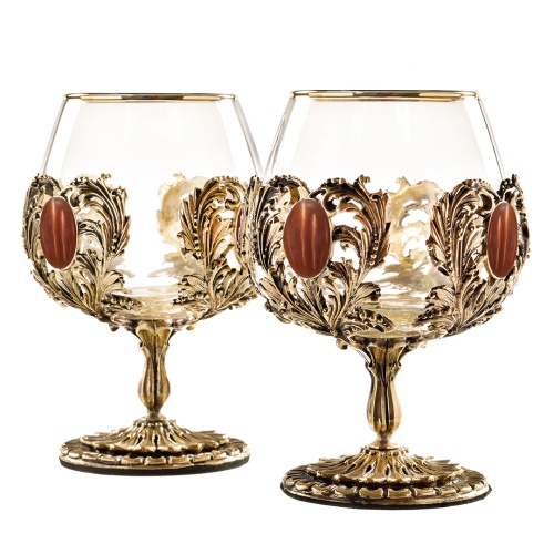 Набор 2 бокала для коньяка с камнем "Кошачий глаз", в шкатулке из массива