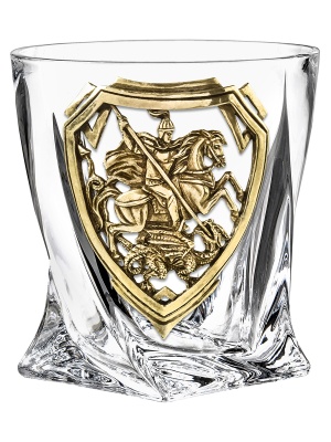 Набор 4 бокала для виски со Штофом накладка "Георгий Победоносец", "Великая Россия", в шкатулке из массива