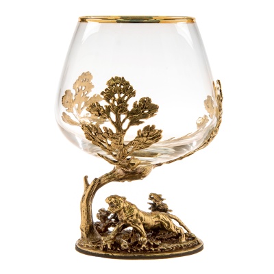 Набор из двух бокалов для коньяка Денежный Бык и Тигр 310 мл в деревянной шкатулке