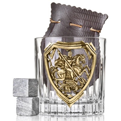 Набор 4 бокала для виски со Штофом накладка "Георгий Победоносец", в шкатулке из массива