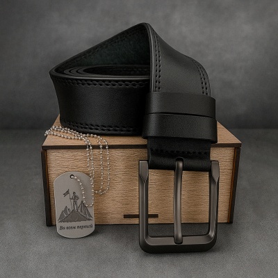 Ремень кожаный с гравировкой "Создан побеждать" в подарочной деревянной коробке