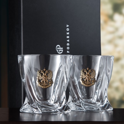 Набор 2 бокала для виски "Квадро",накл. "Герб РФ",латунь,камни,мешки,черн.под.кор.