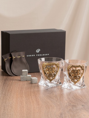 Набор 2 бокала для виски "Квадро", накл."Георгий Победоносец",камни,мешки,в черной коробке