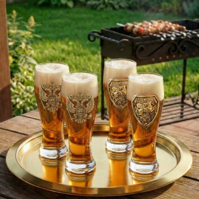 Набор 4 бокала для пива, накл. "Герб РФ и Георгий Победоносец" ВЕЛИКАЯ РОССИЯ ,в ч/б коробке