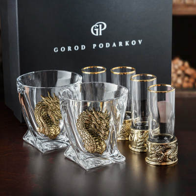 Набор 4 стопки патрон "Дракон", 2 бокала для виски "Квадро",накладка "Дракон 1 и 2",черная подарочная упаковка
