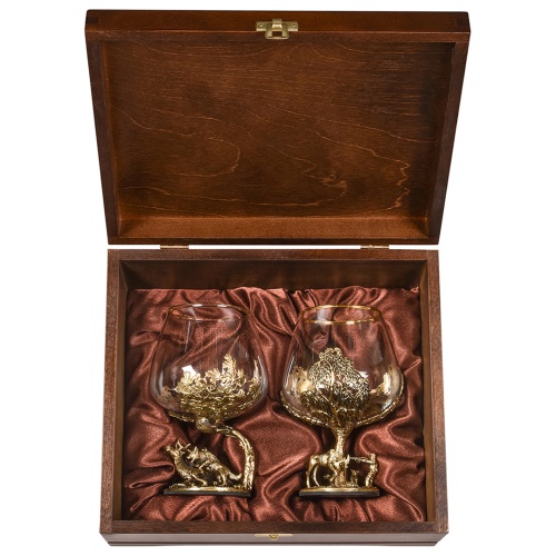 Набор 2 бокала для коньяка "Охота на Оленя" и "Охота на Лося", в шкатулке из массива
