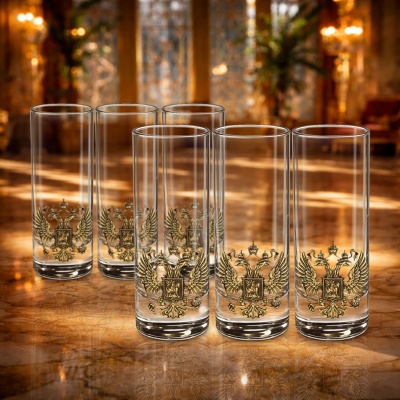 Набор из 6-ти стопок Сиде с накладками Герб РФ в черной подарочной коробке с печатью карта России