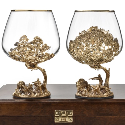 Набор 2 бокала для коньяка "Охота на Кабана" и "Охота на Медведя", в шкатулке из массива