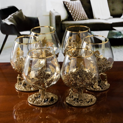 Набор из 6-и бокалов для коньяка Охота на Медведя 420 мл в деревянной шкатулке из массива