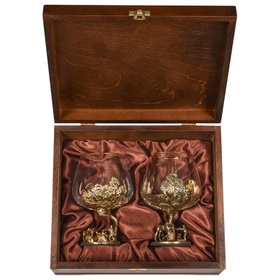 Набор 2 бокала для коньяка "Охота на Медведя" и "Охота на Лося", в шкатулке из массива