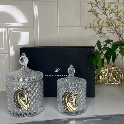 Набор Новогодний: две шкатулки большая и малая с накладками Лошадь в черной подарочной коробке