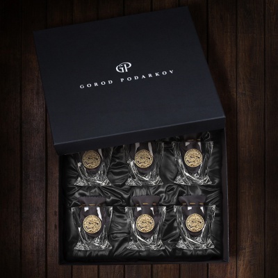 Набор 6 бокалов для виски "Квадро",накл."Дракон 4",мешки,камни, в черн.подарочн.коробке ключница