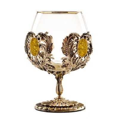 Набор 2 бокала для коньяка с искусственным камнем "Янтарь желтый", в шкатулке из массива