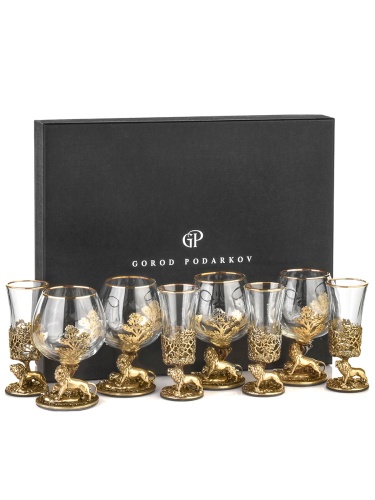 Набор 4 бокала для коньяка и 4 лафитника "Лев", в коробке из дизайнерского картона