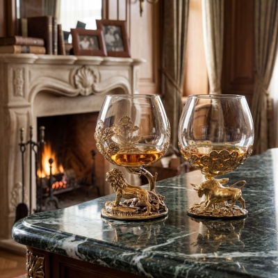Набор из двух бокалов для коньяка Денежный Бык и Лев 310 мл в подарочной коробке