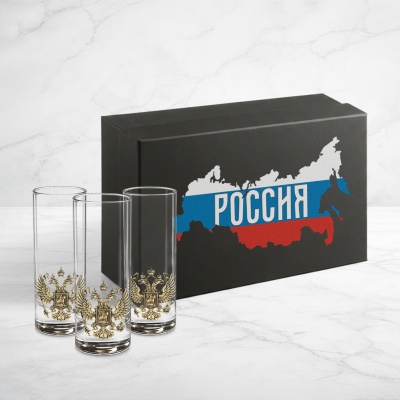Набор из 3-х стопок Сиде с накладками Герб РФ в черной подарочной коробке с печатью карта России
