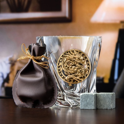 Набор 6 бокалов для виски "Квадро",накл."Дракон 4",мешки,камни, в черн.подарочн.коробке ключница