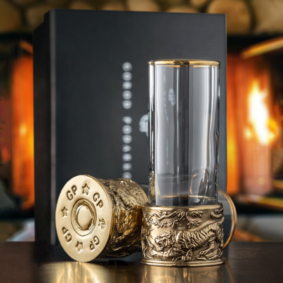 Набор из 2-х стопок Патрон Тигр и Медведь с латунным основанием в подарочной коробке