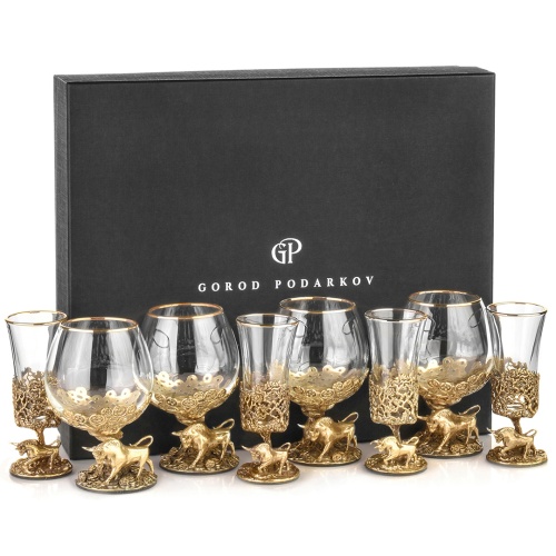 Набор 4 бокала для коньяка и 4 лафитника "Бык", в коробке из дизайнерского картона