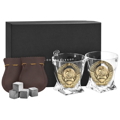 Набор 2 бокала для виски "Квадро", накл."Герб СССР",камни,мешки,в черной коробке