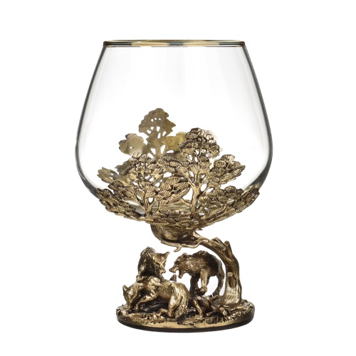 Набор 2 бокала для коньяка "Охота на медведя" и "Волки", в шкатулке из массива