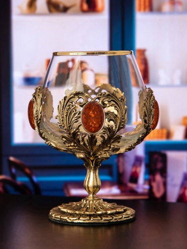 Набор 2 бокала для коньяка с искусственным камнем "Янтарь коньячный", в шкатулке из массива