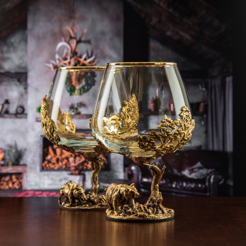 Набор 2 бокала для коньяка (Р) "Кабан +Медведь ", в черной  подарочной упаковке