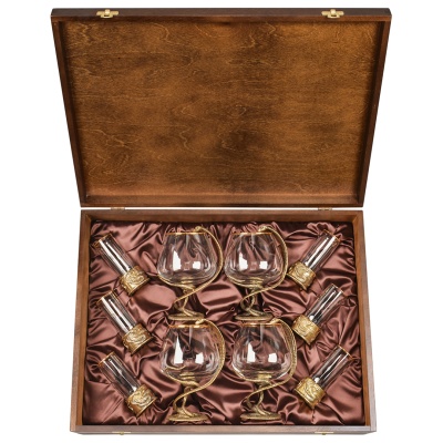 Набор 4 бокала для коньяка и 6 стопок патрон "Змея", в шкатулке из массива