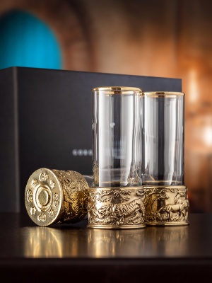 Набор из 2-х стопок Патрон Тигр и Медведь с латунным основанием в подарочной коробке