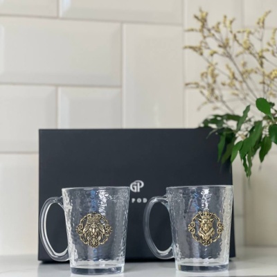 Набор из 2-х стеклянных кружек с накладками Лев фас, Львица фас  в черной подарочной коробке