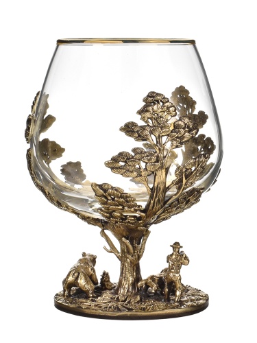 Набор 2 бокала для коньяка "Охота на медведя" и "Волки", в шкатулке из массива