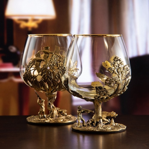Набор 2 бокала для коньяка "Охота на Медведя" и "Охота на Уток", в шкатулке из массива