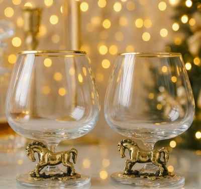 Набор из 2-х бокалов для коньяка со статуэткой Лошадь в черной подарочной коробке
