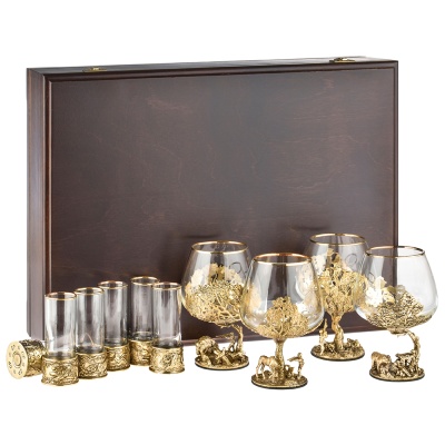 Набор 4 бокала для коньяка (Р) "Охота на Каб.,Медв.,Уток,Лося",6 стопок патрон в ассорт., в дер.шк.