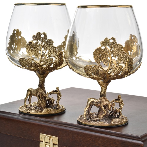 Набор 2 бокала для коньяка "Охота на Лося", в шкатулке из массива