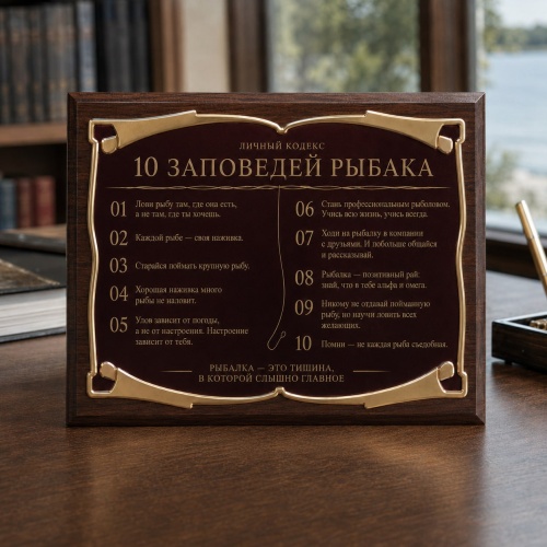 Плакетка подарочная 10 заповедей рыбака. Личный кодекс. в черной коробке